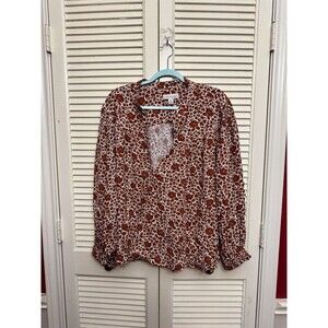 TREASURE & BOND Brown & Beige Shirred Floral V-neck Blouse w Shirt Tail Sz 3X